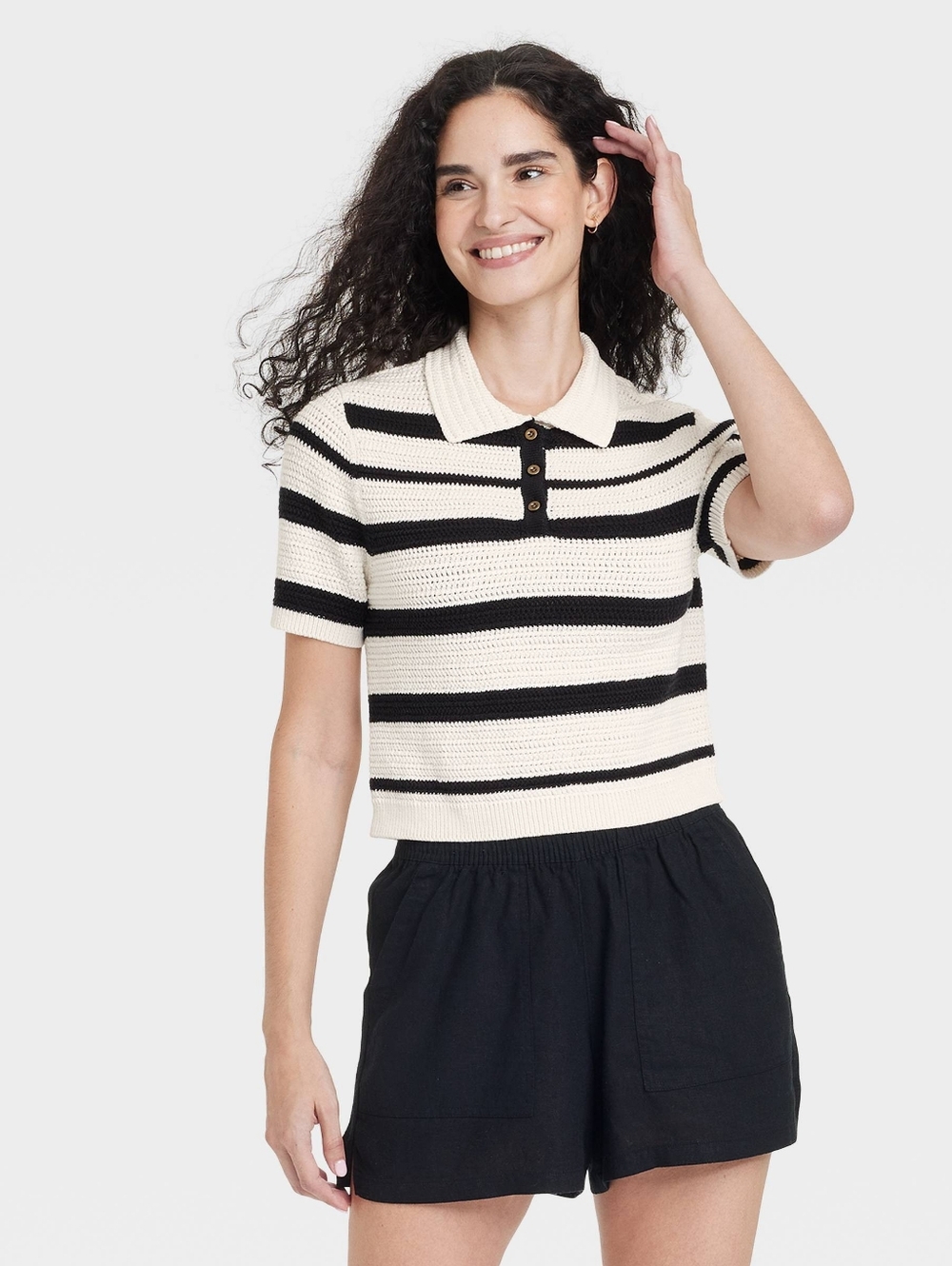 Striped Polo Knit Top in Cream and Black Crochet  M NWT